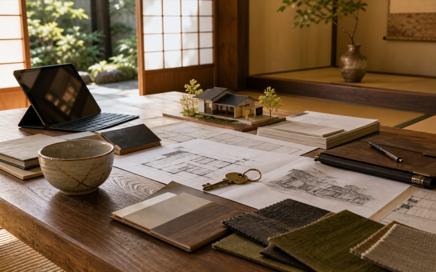 Planning table in a Japanese room with house model, blueprints, brass key, and kintsugi bowl