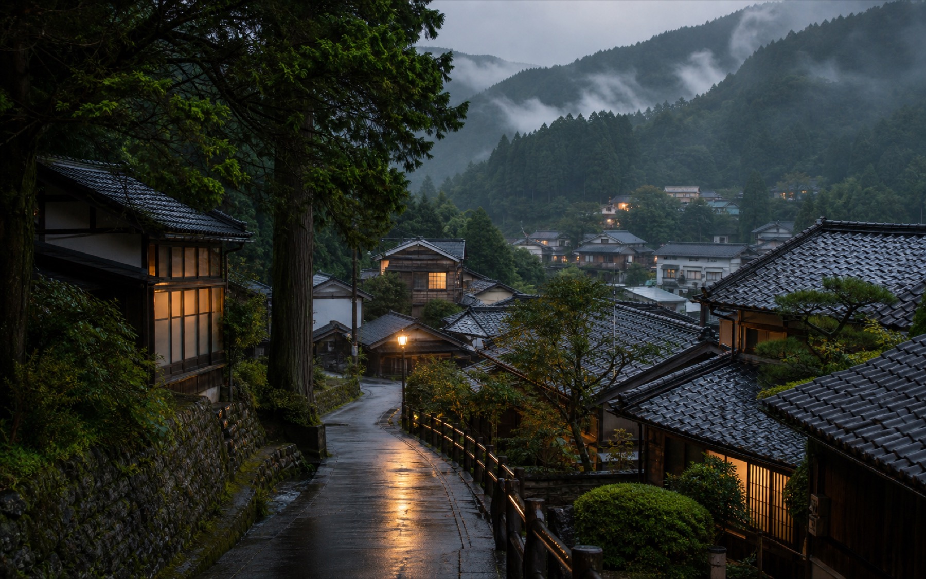 Rainy hillside village in Japan at dusk with lantern-lit street and tiled roofs