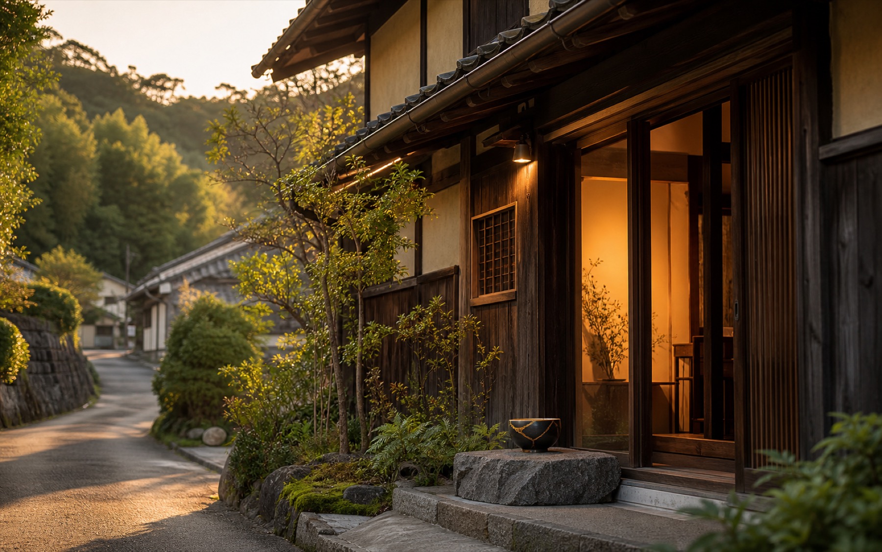 Restored rural Japanese home at dusk with warm light and kintsugi bowl on the doorstep
